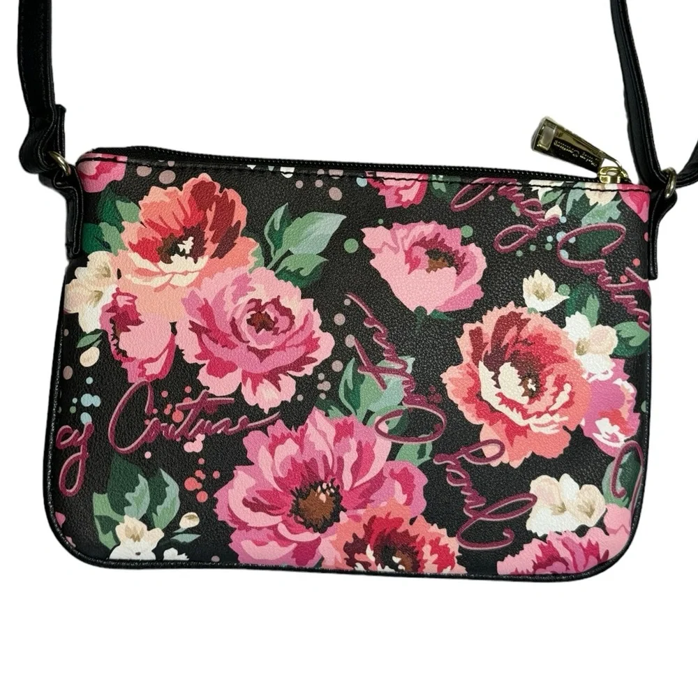 Juicy Couture Floral Crossbody Bag Y2K Black Bow Adjustable Strap Small Pink‎